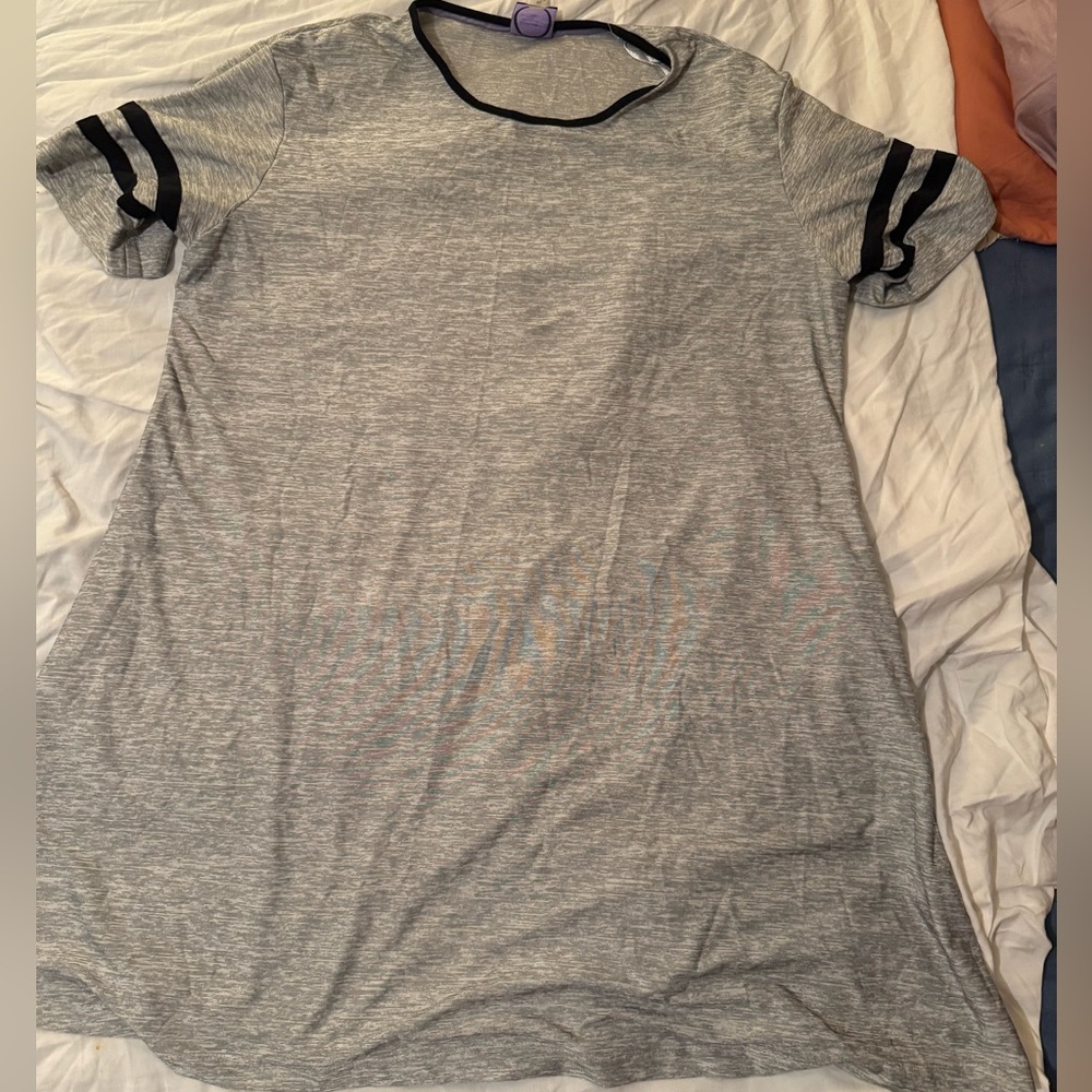 Gray Short Sleeve Dress with Black Stripes